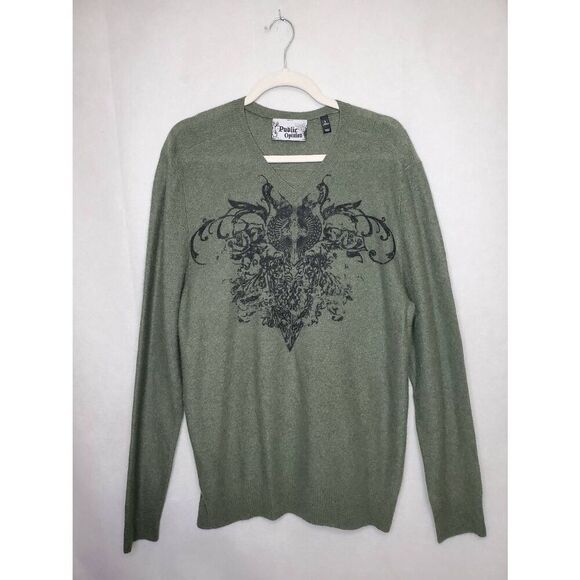 Public Opinion Men's 100% Cashmere V Neck Olive Green Grunge Graphic Sweater - Picture 1 of 6
